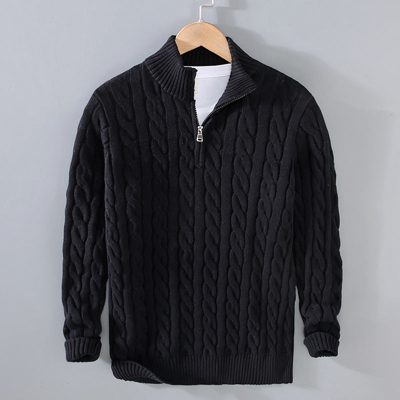 Men's Zip Collar Sweater with Cable Knit Pattern