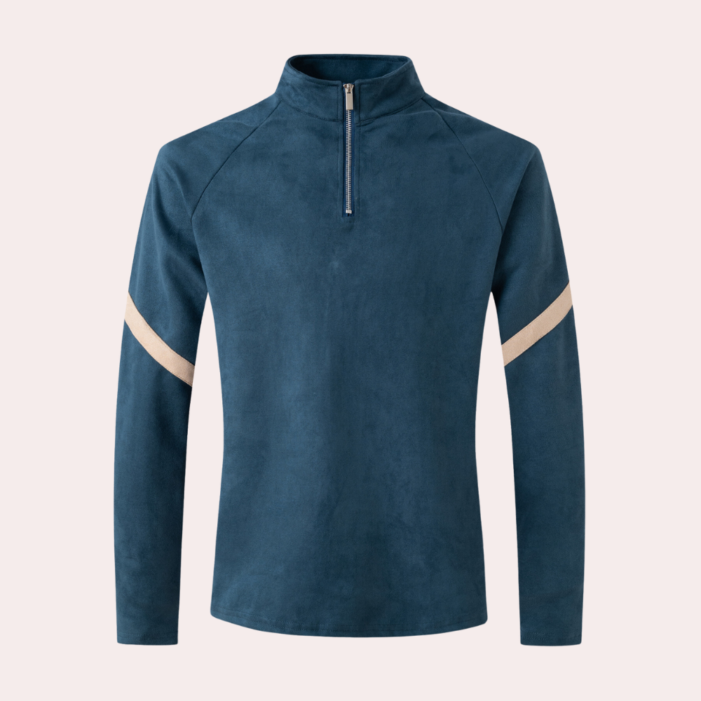 Herrenpullover mit halbem Reißverschluss – Sportlicher Sweatshirt mit gestreiftem Detail