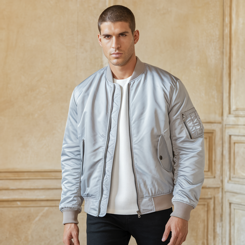 Herren Bomberjacke – Elegante glänzende Jacke mit Reißverschluss und Taschen