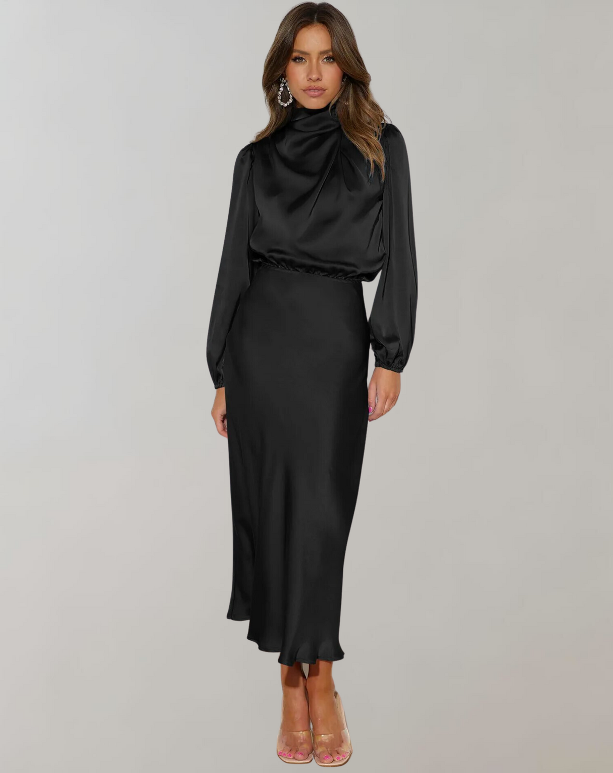 Elegantes Satin-Kleid mit langen Ärmeln