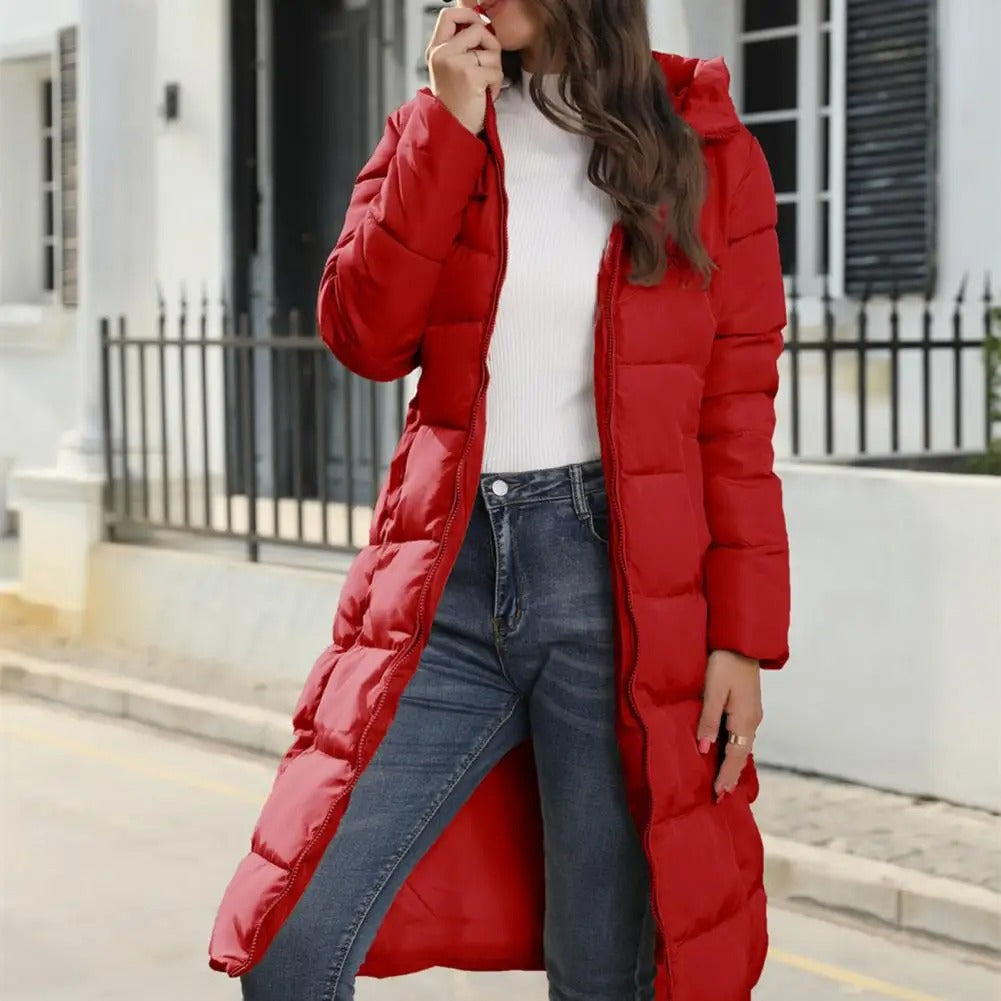 Damen langer Wintermantel – warme gesteppte Jacke mit Kapuze