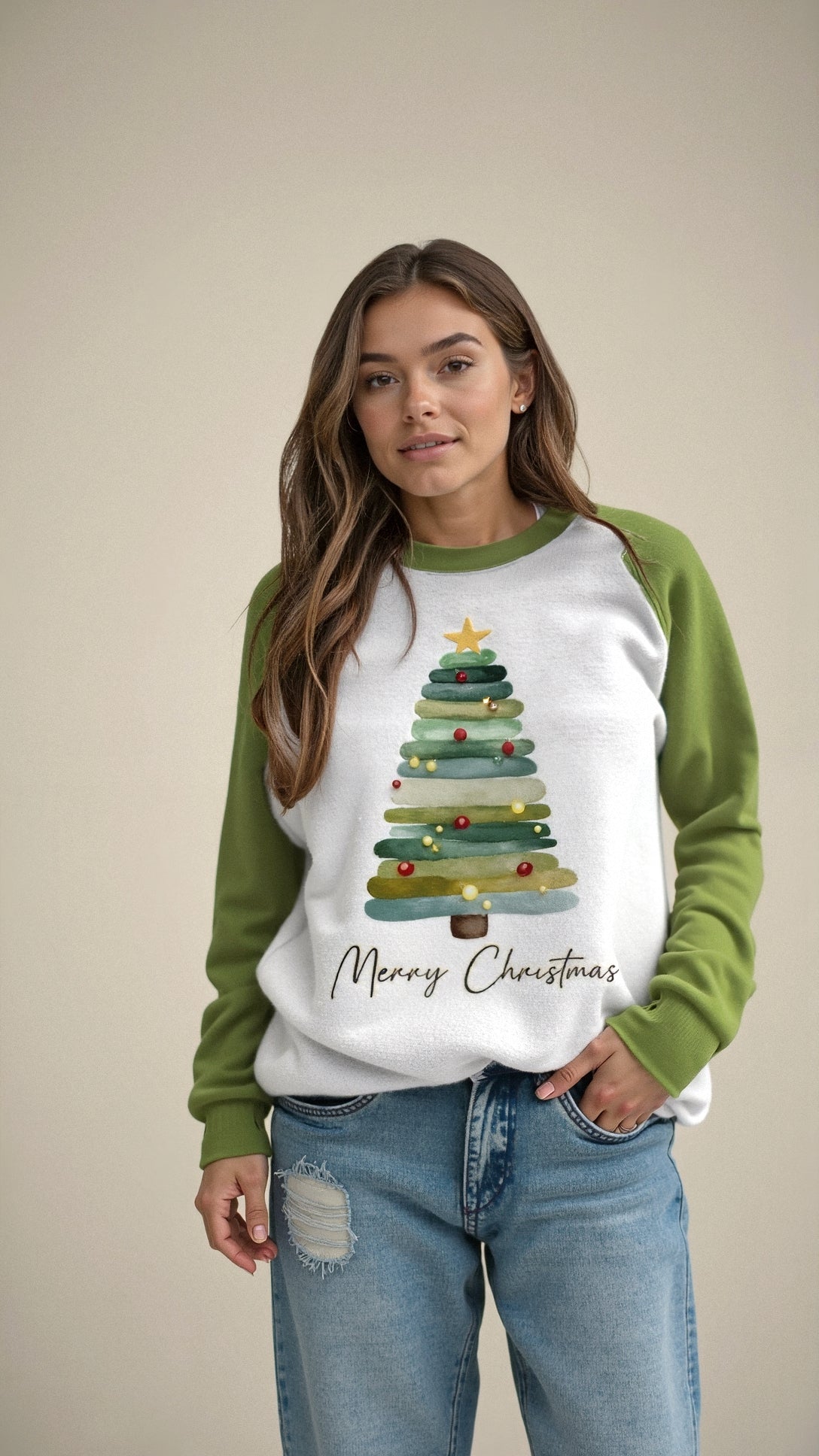 Weihnachts-Pullover Damen – Sweatshirt Frohe Weihnachten mit Tannenbaum-Aufdruck