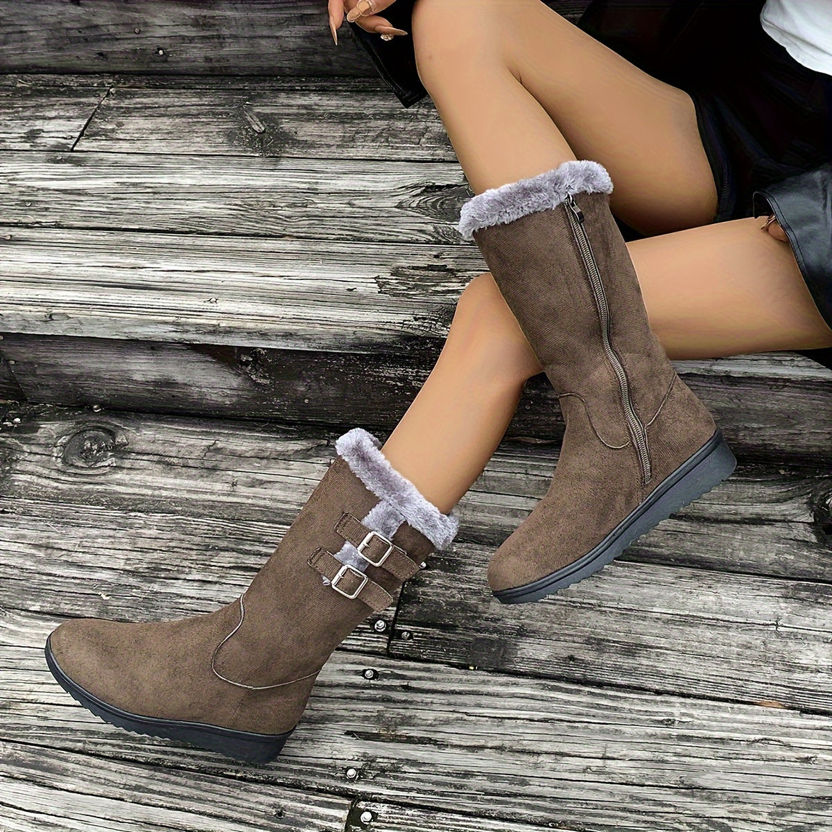 Bottes d’hiver femme avec doublure en fourrure – Bottes chaudes à boucles