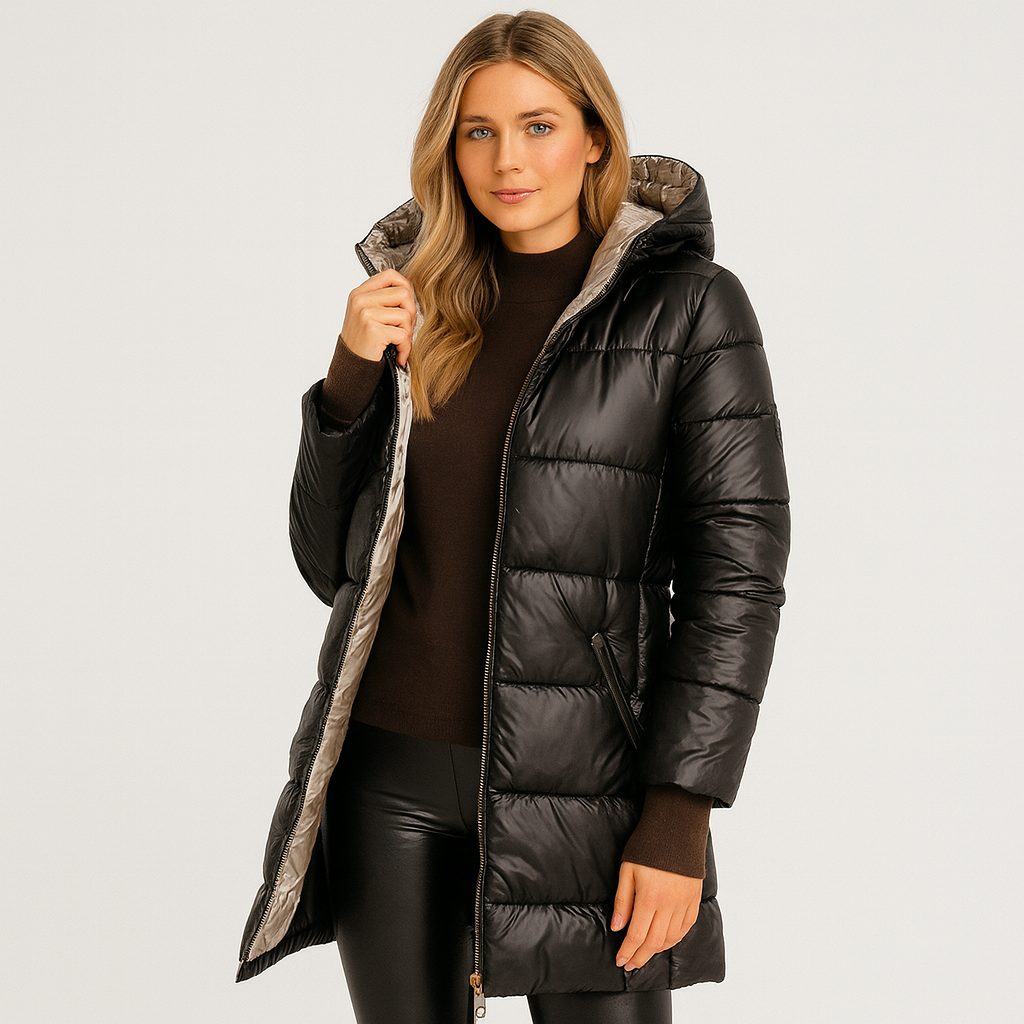 Damen langer Wintermantel mit Kapuze – warm & elegant