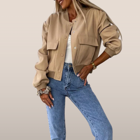 Short bomber jacket for women with flap pockets and snap closure