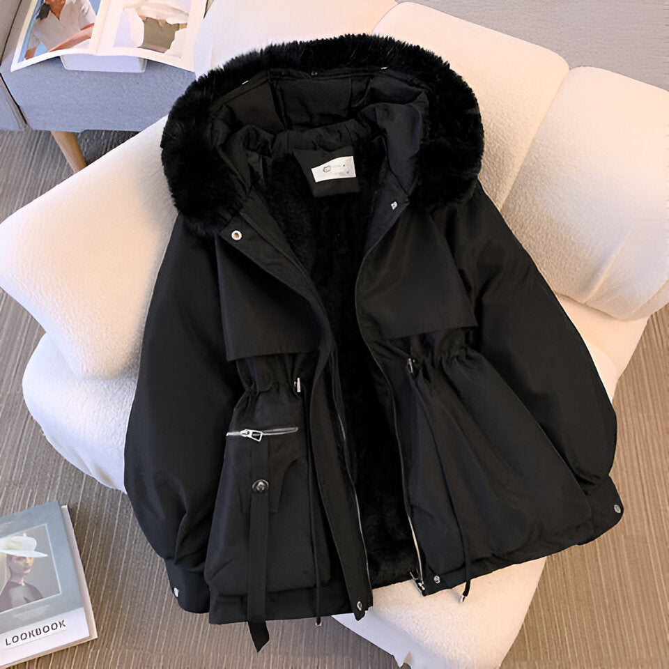 Damen Wintermantel mit Pelzkragen – Elegante warme Jacke mit Gürtel
