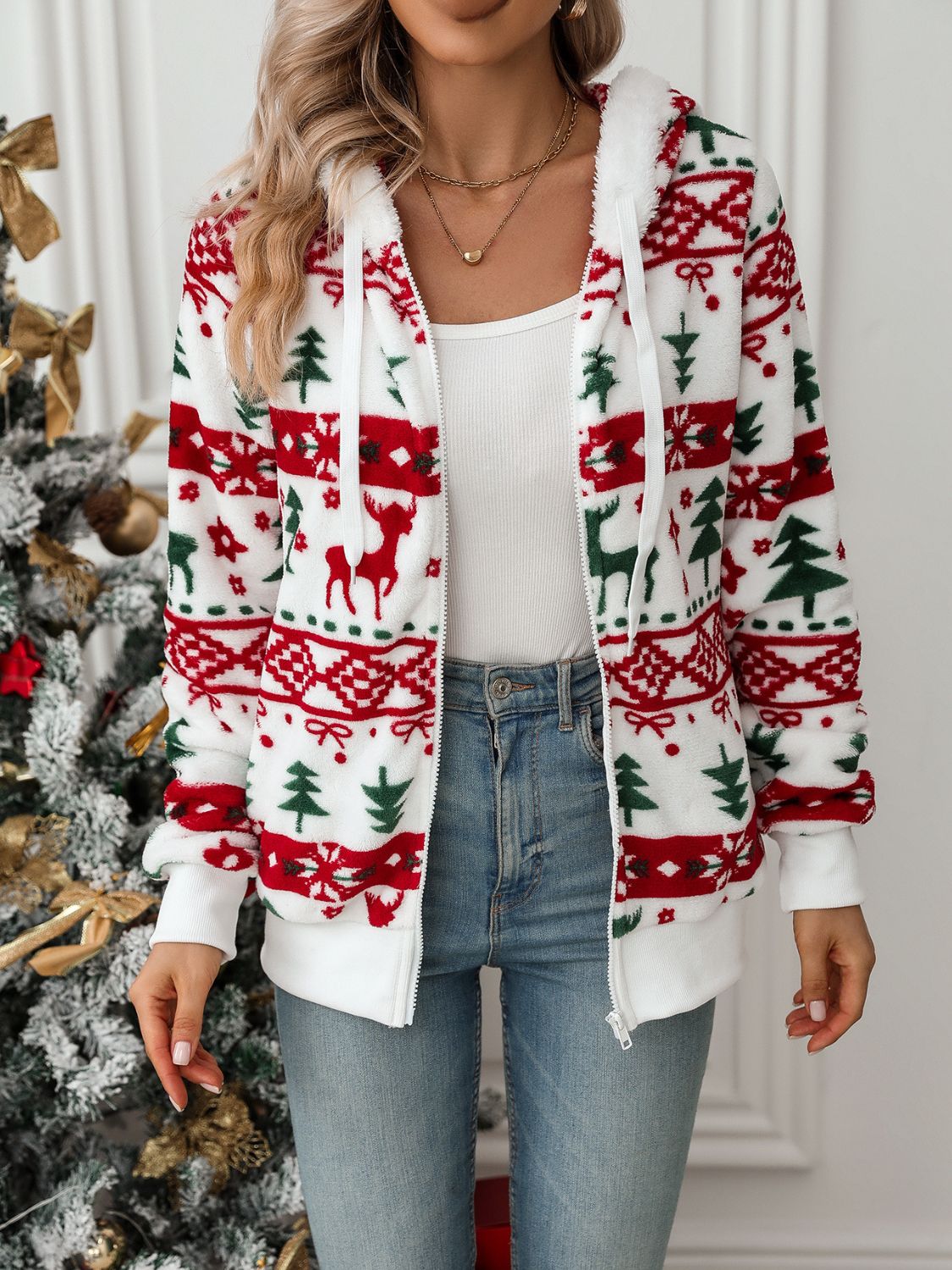 Women's Christmas Hoodie – Winter Sweatshirt with Zipper and Festive Pattern