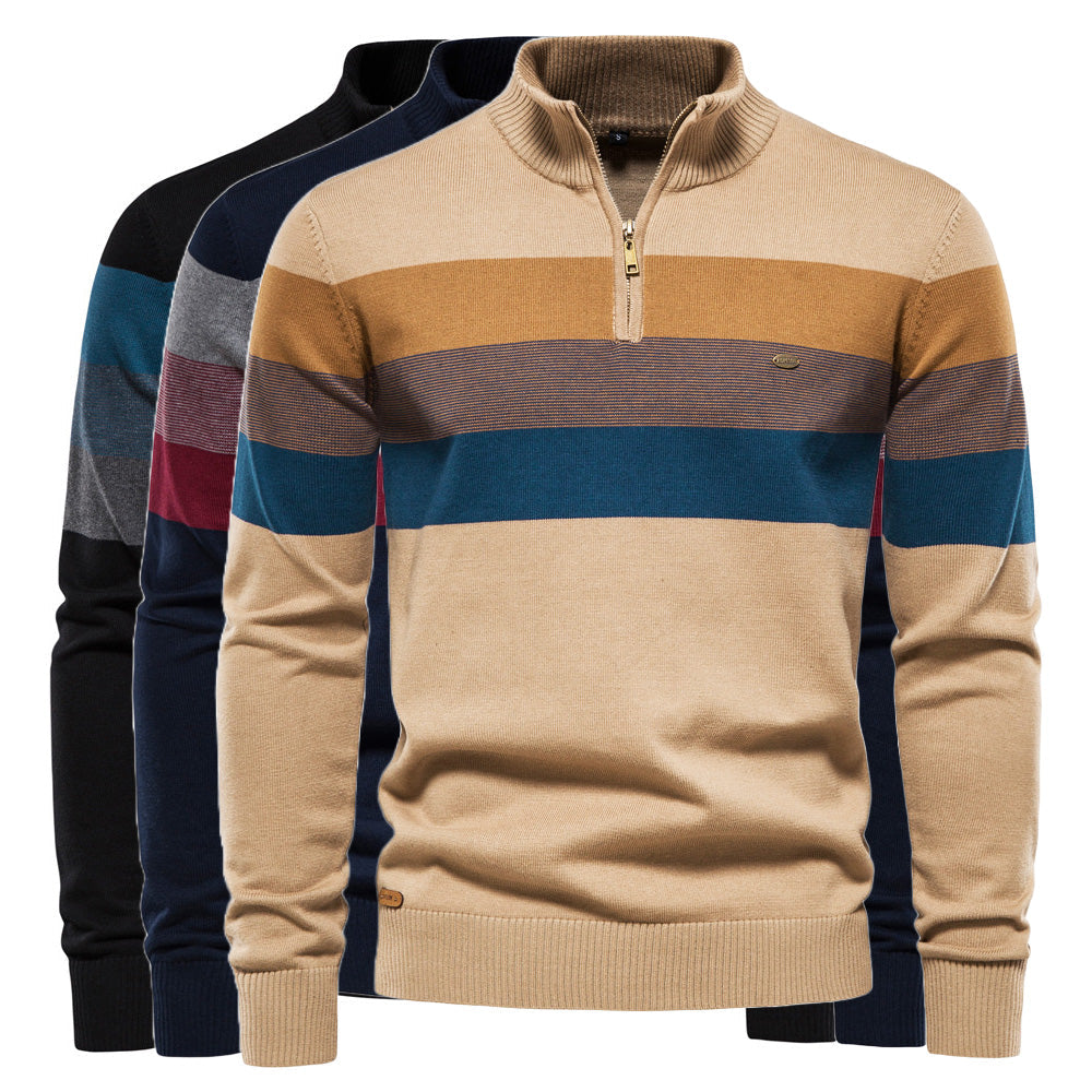 Gestreifter Herrenpullover mit halbem Reißverschluss – Klassischer Strickpullover