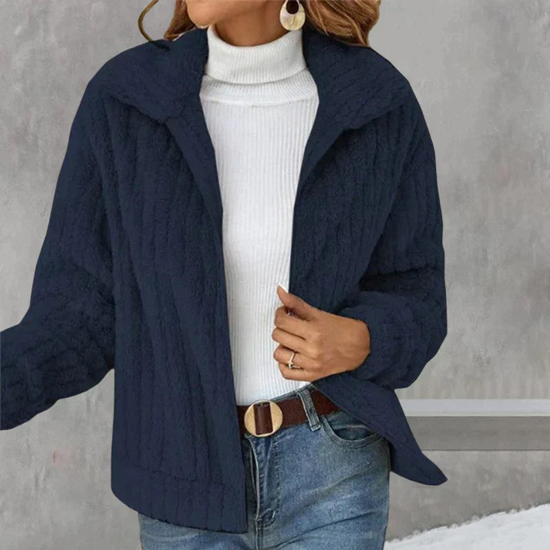 Teddyjacke Damen – Weicher Fleece-Mantel mit Reißverschluss und Kragen