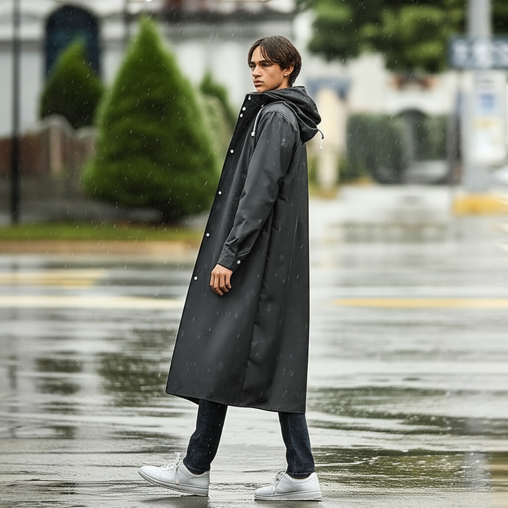 Long imperméable homme avec capuche – Noir, coupe-vent et imperméable