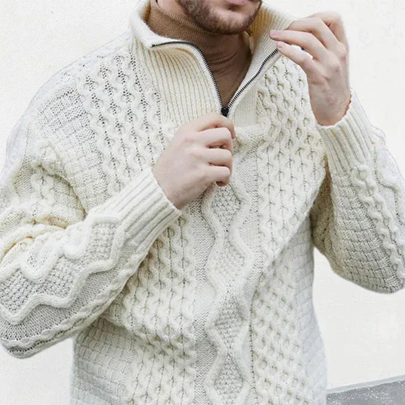 Herrenpullover mit halbem Reißverschluss – Klassischer Zopfmusterpullover mit Kragen