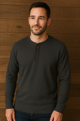 Men's Long Sleeve Henley Top with Ribbed Texture