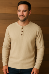 Men's Long Sleeve Henley Top with Ribbed Texture