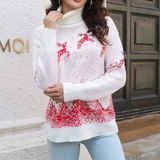 Sweter świąteczny damski – sweter zimowy z czerwonym reniferem i wzorem śniegu