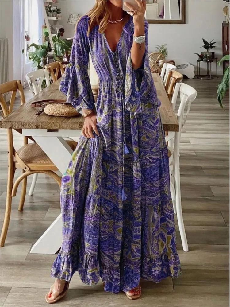 Robe Maxi Femme - Col V - Manches Longues - Style Bohème