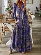 Robe Maxi Femme - Col V - Manches Longues - Style Bohème