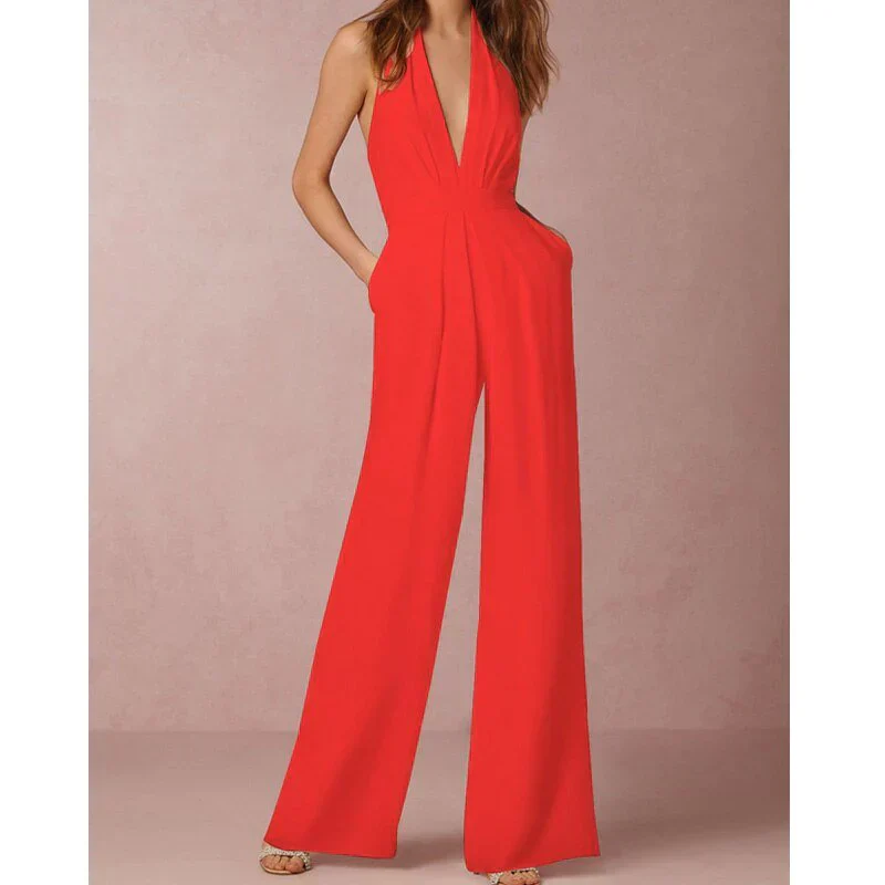 Damen-Overall ohne Ärmel mit tiefem V-Ausschnitt und Palazzo-Hose