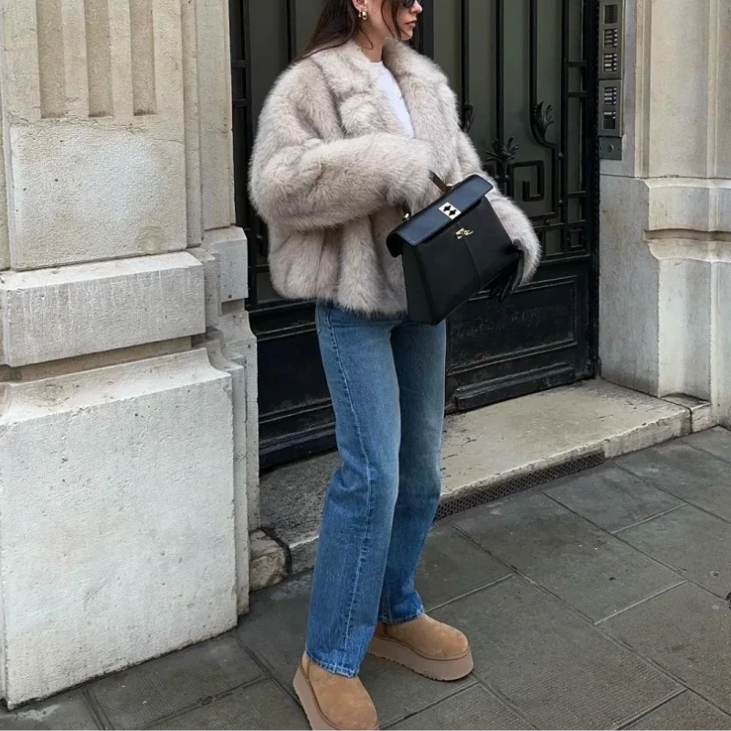 Damen Wintermantel Weich – Elegante Kurze Jacke aus Kunstpelz