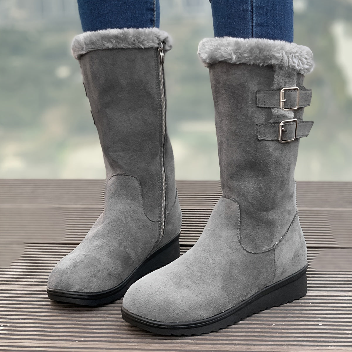 Bottes d’hiver femme avec doublure en fourrure – Bottes chaudes à boucles