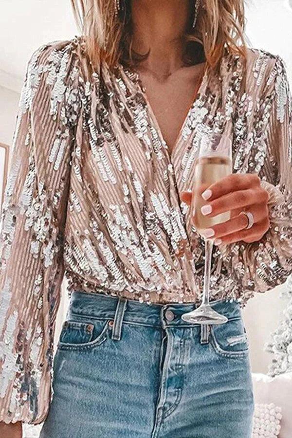 Top Glamour Pailleté mit V-Ausschnitt und langen Ärmeln