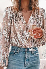 Top Glamour Pailleté mit V-Ausschnitt und langen Ärmeln