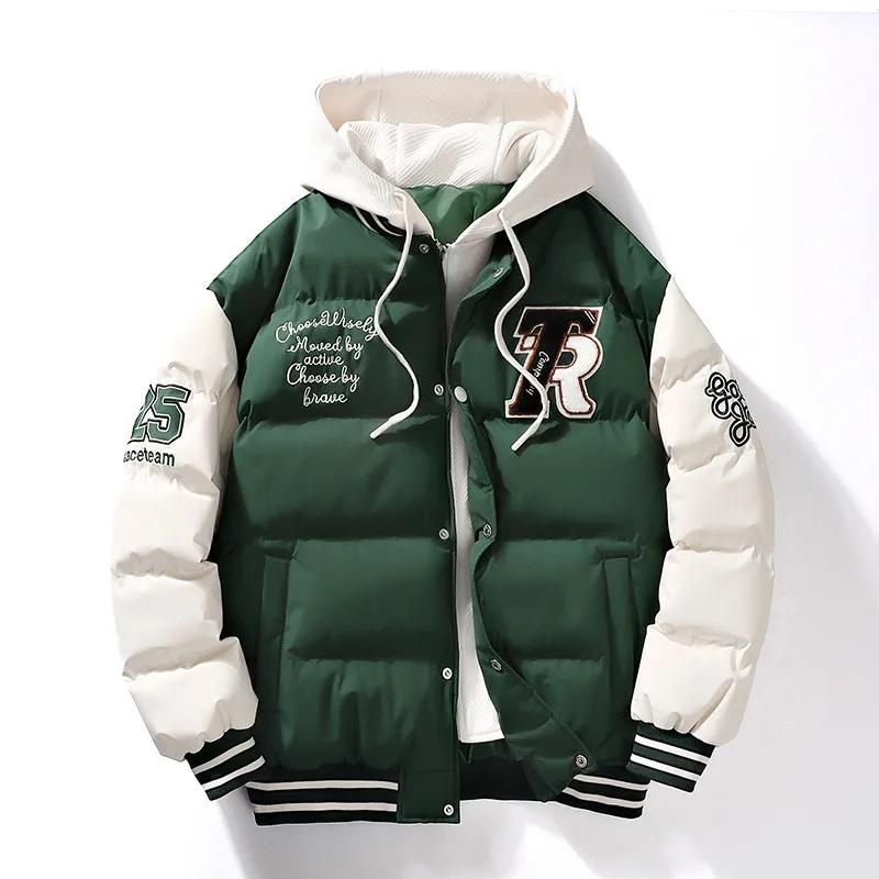 Men's varsity puffer jacket – Warm winter college style jacket with hood