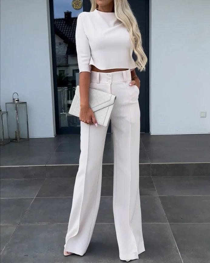 Elegantes Semi-Tailliertes Ensemble mit weitem Hosenbein und langen Ärmeln