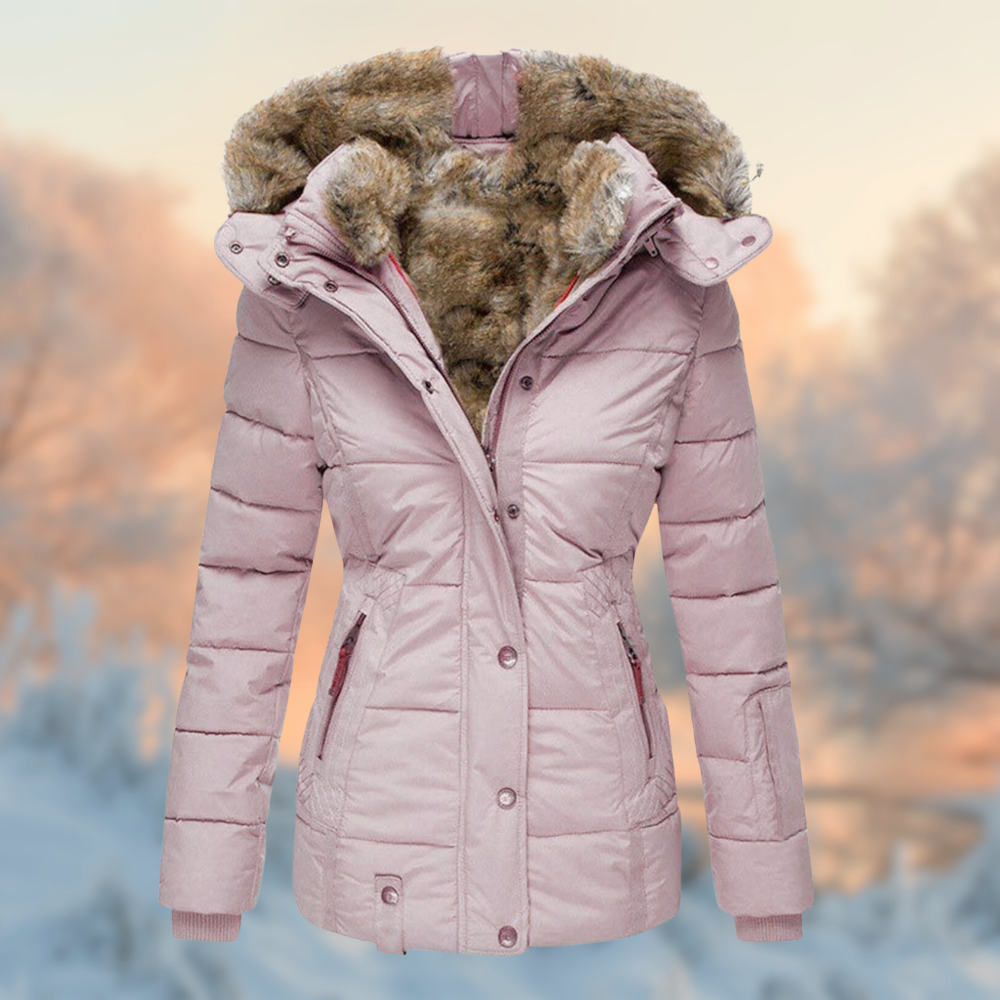 Damen Wintermantel – Warme Jacke mit luxuriösem Pelzkragen und Kapuze