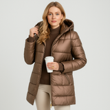 Damen langer Wintermantel mit Kapuze – warm & elegant