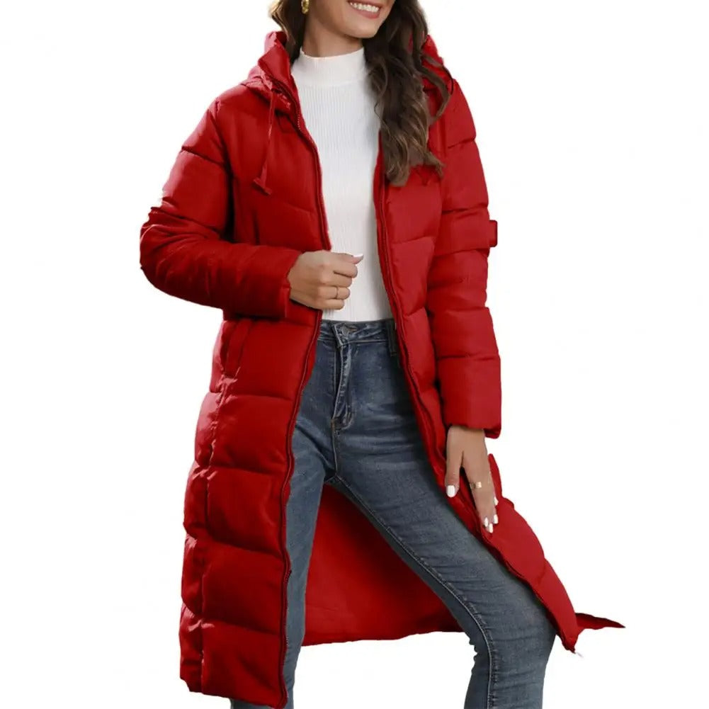 Damen langer Wintermantel – warme gesteppte Jacke mit Kapuze