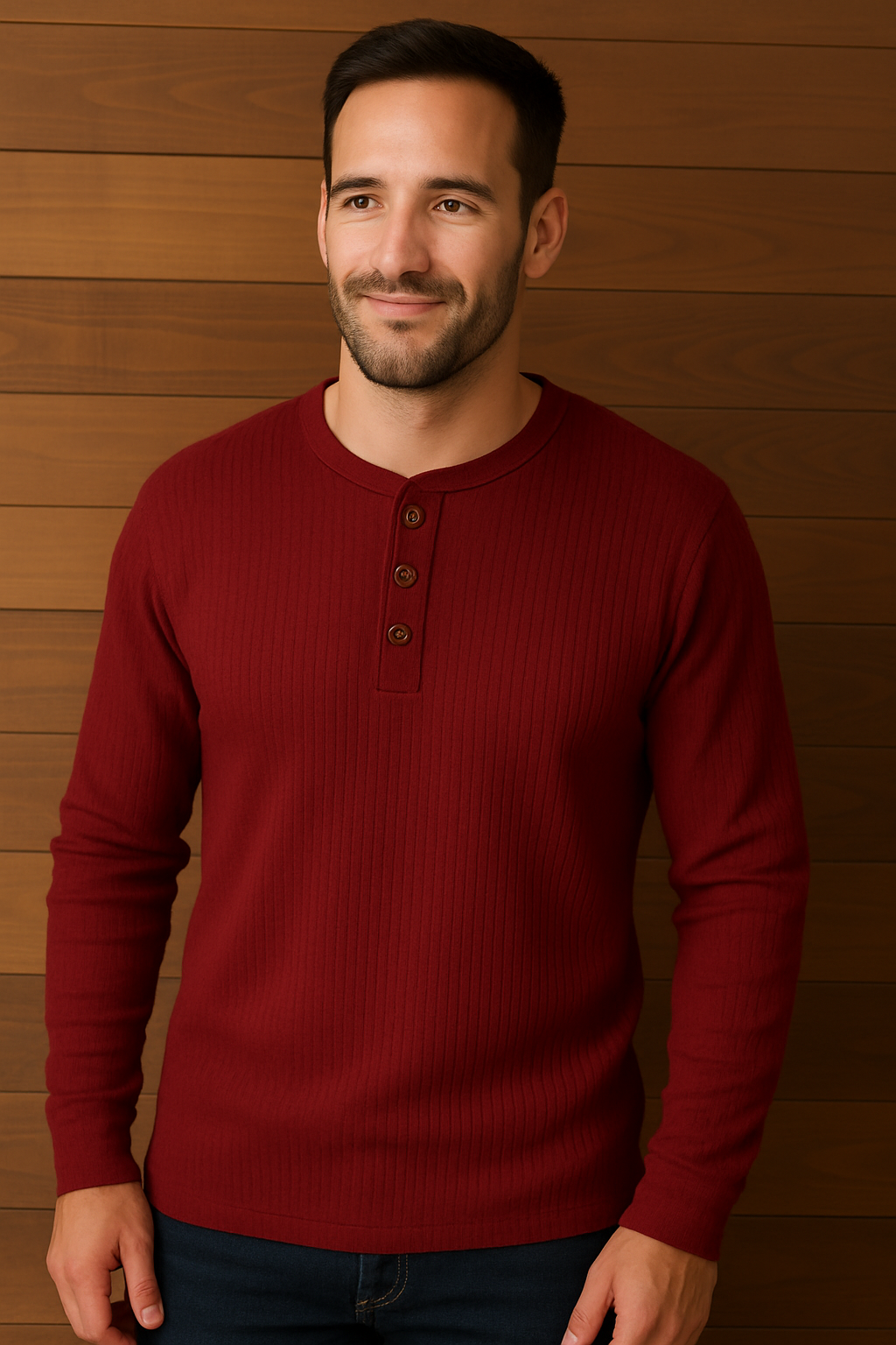 Men's Long Sleeve Henley Top with Ribbed Texture
