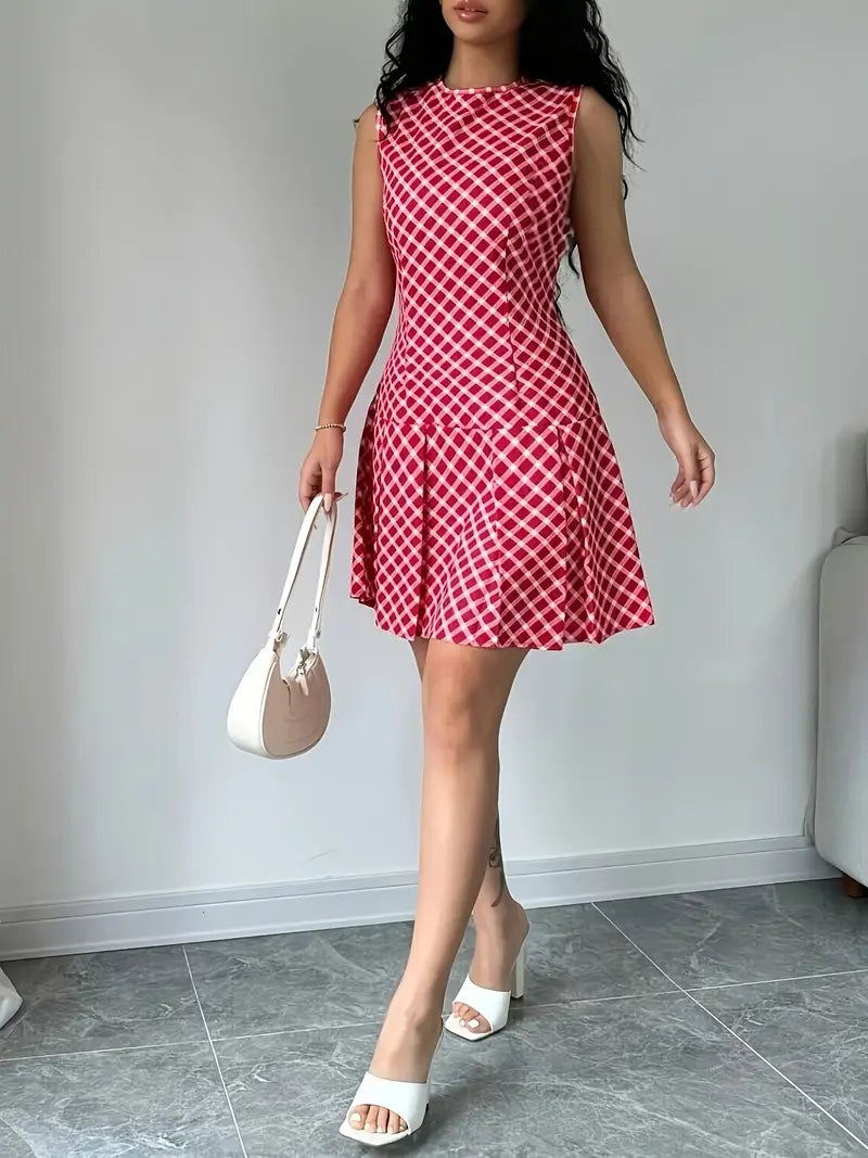 Robe Trapèze Sans Manches à Imprimé Carreaux Vintage