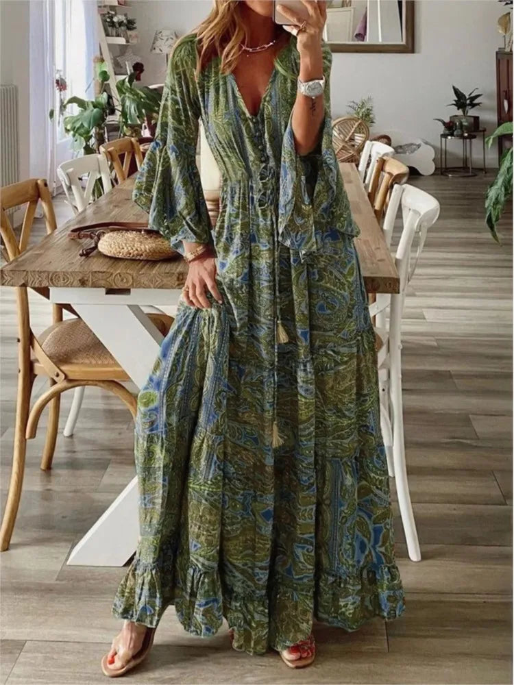 Robe Maxi Femme - Col V - Manches Longues - Style Bohème