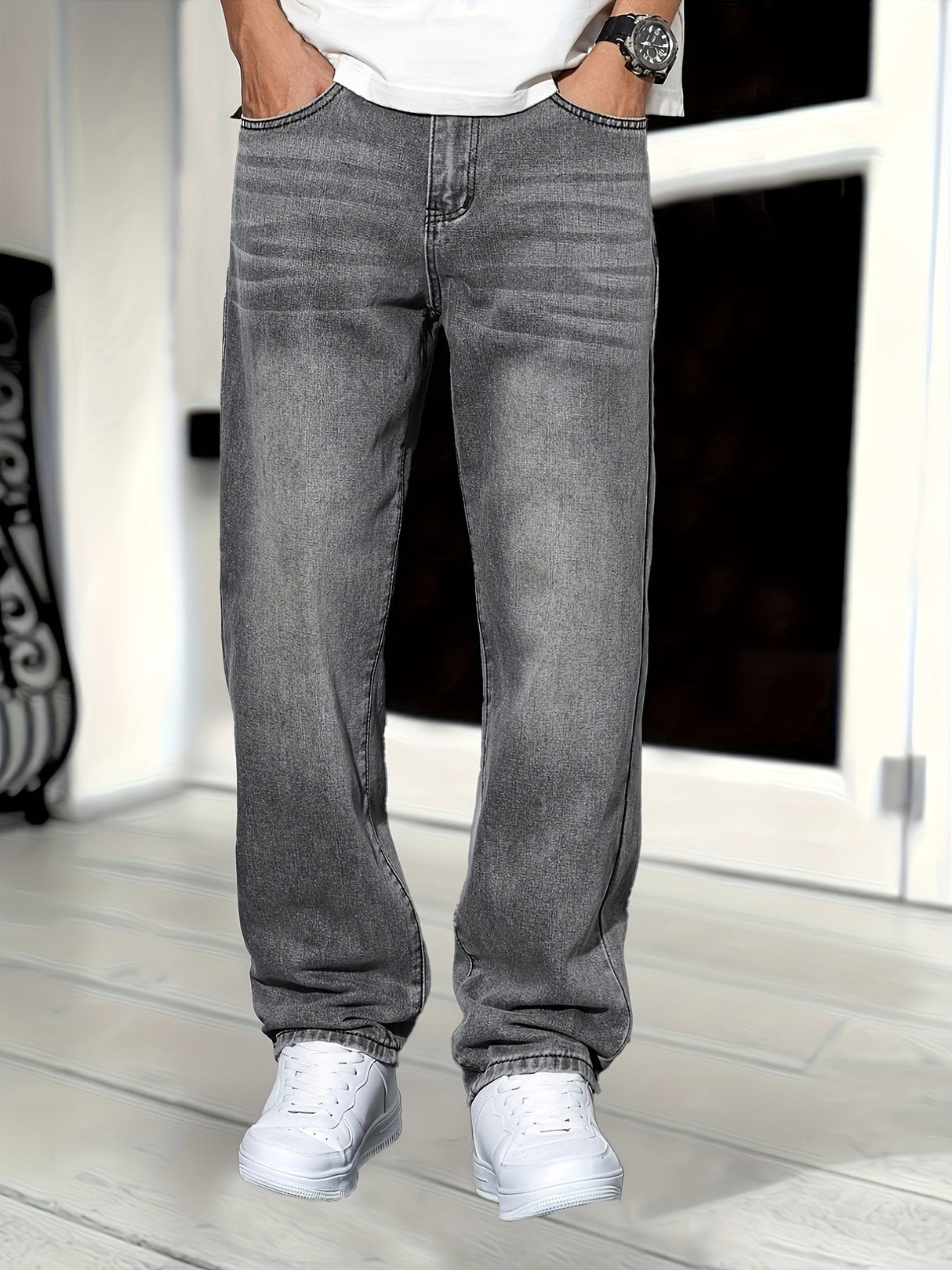Herrenjeans lockerer Schnitt – Graue Denim-Hose im Casual-Stil