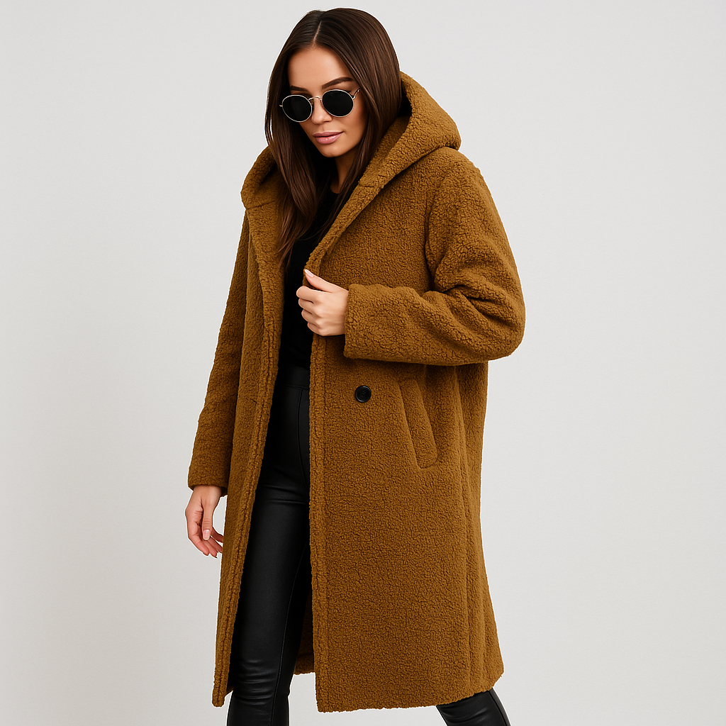 Damen langer Wintermantel mit Kapuze – warm, weich und elegant