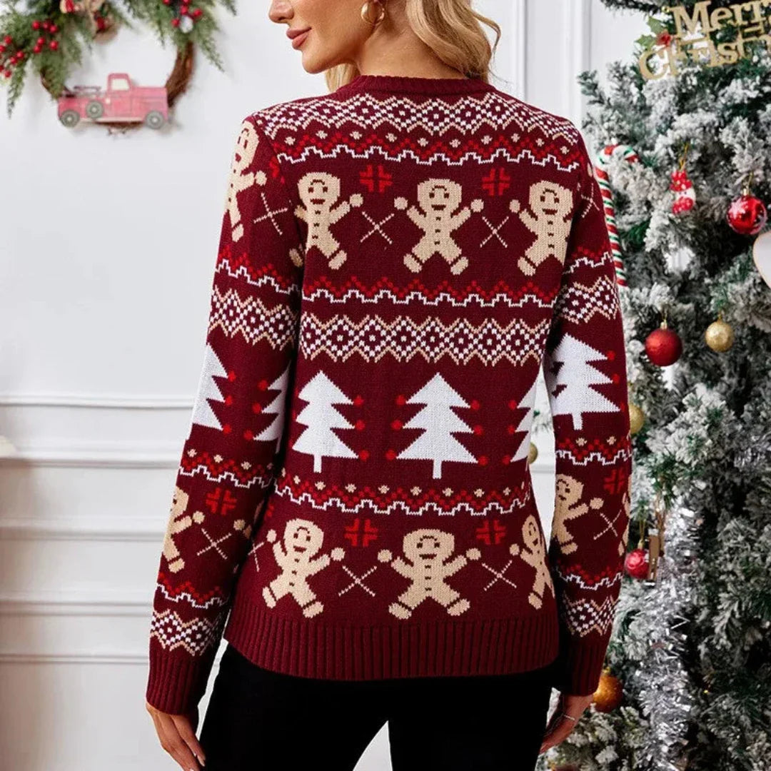 Weihnachts-Pullover Damen – Winterpullover mit Lebkuchen- & Weihnachtsbaum-Motiv