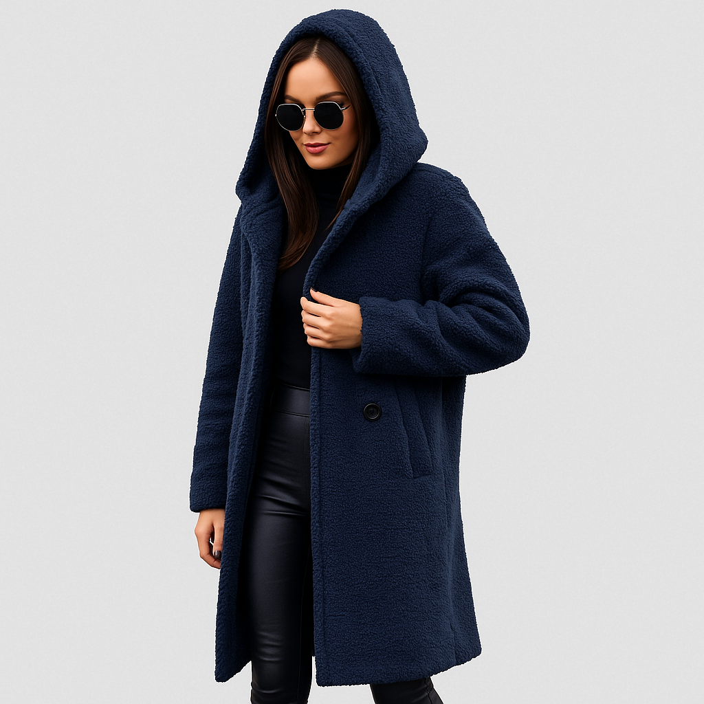 Damen langer Wintermantel mit Kapuze – warm, weich und elegant