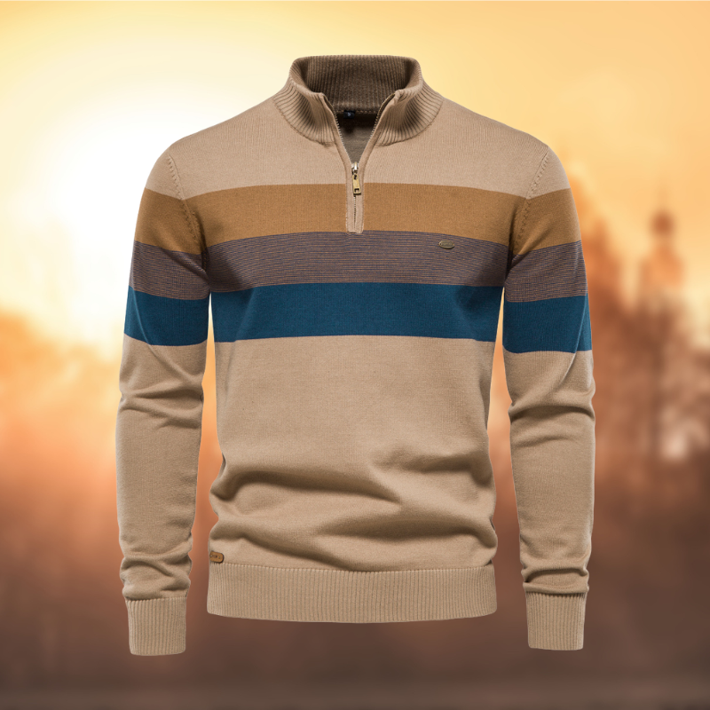 Gestreifter Herrenpullover mit halbem Reißverschluss – Klassischer Strickpullover