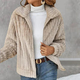 Teddyjacke Damen – Weicher Fleece-Mantel mit Reißverschluss und Kragen