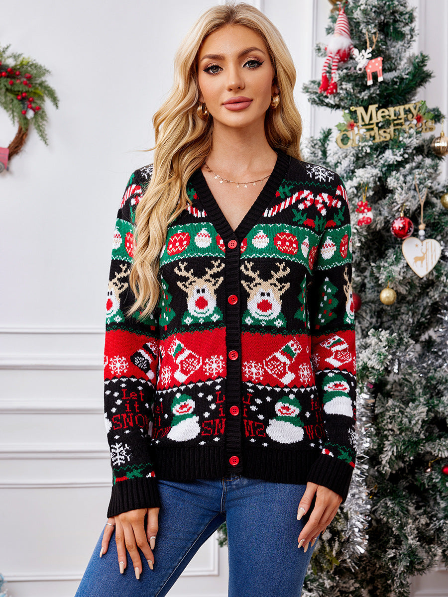 Women's Christmas Cardigan – V-Neck Sweater with Festive Winter Pattern