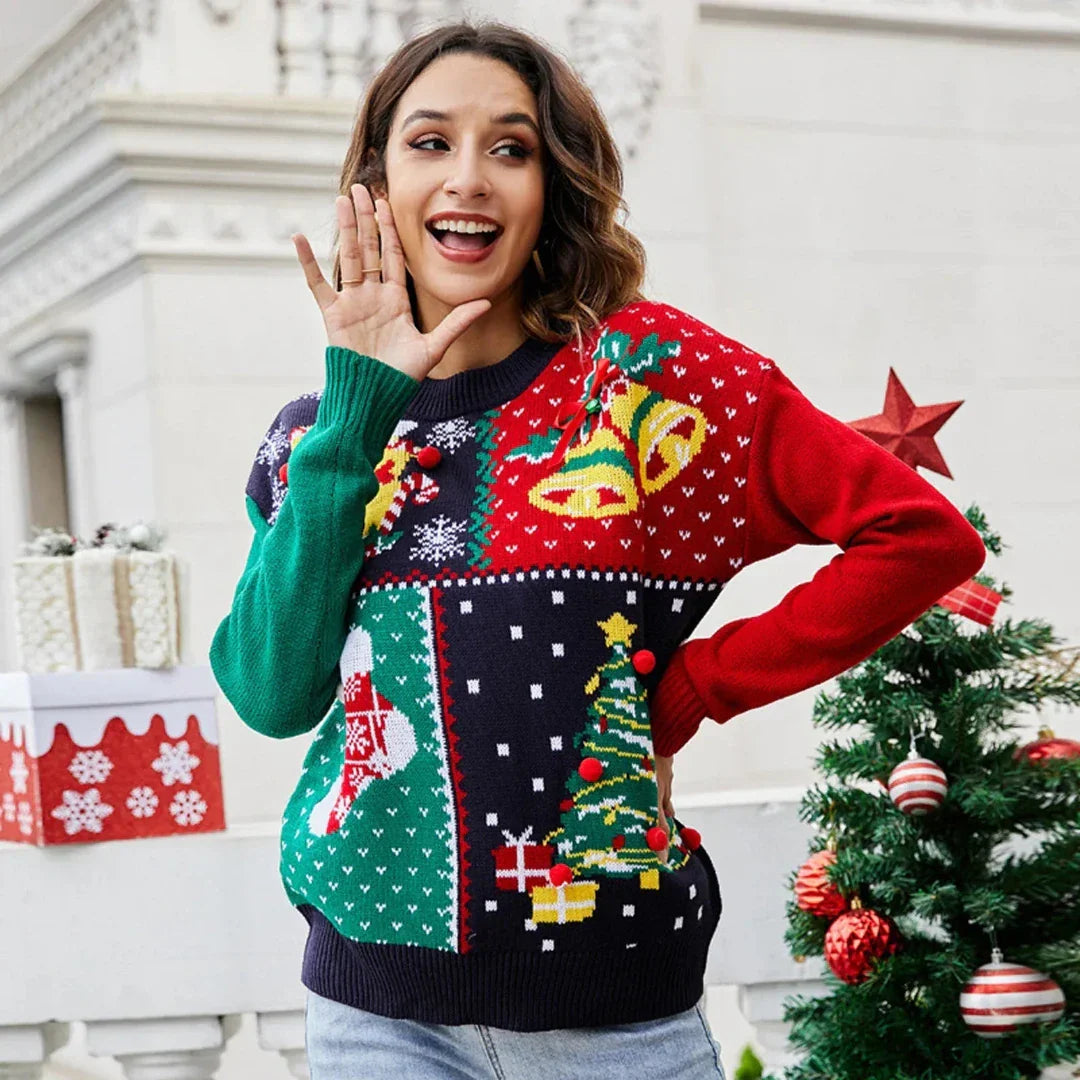 Weihnachts-Pullover Damen – Winter-Pullover Patchwork mit Festlichem Muster
