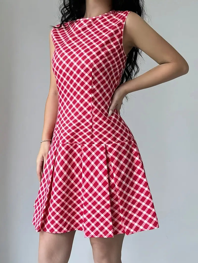 Robe Trapèze Sans Manches à Imprimé Carreaux Vintage