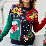 Pull de Noël Femme – Sweat d’Hiver Patchwork Coloré avec Motif de Noël