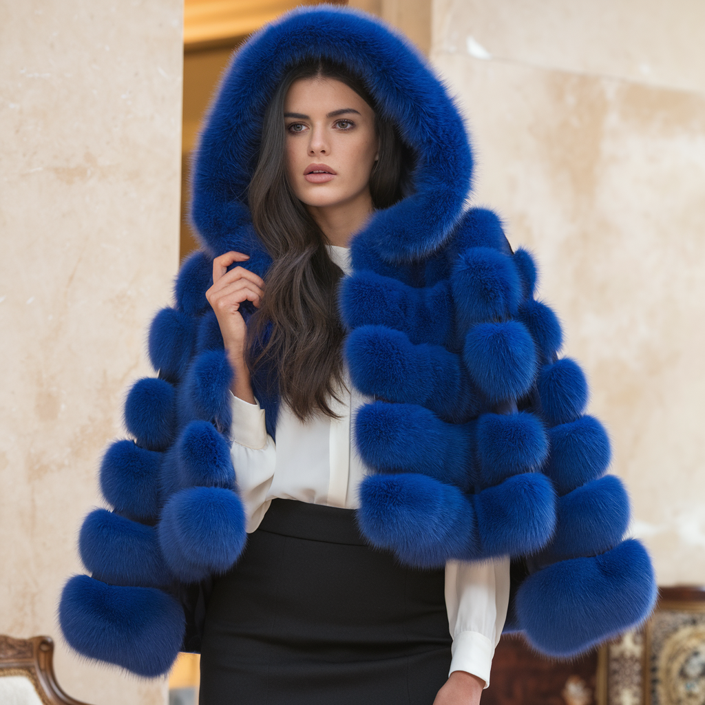 Damen Luxus Wintermantel – Elegante Jacke aus Kunstpelz mit Kapuze