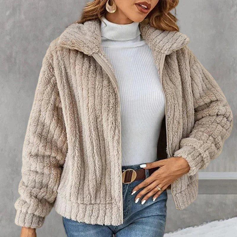 Teddyjacke Damen – Weicher Fleece-Mantel mit Reißverschluss und Kragen