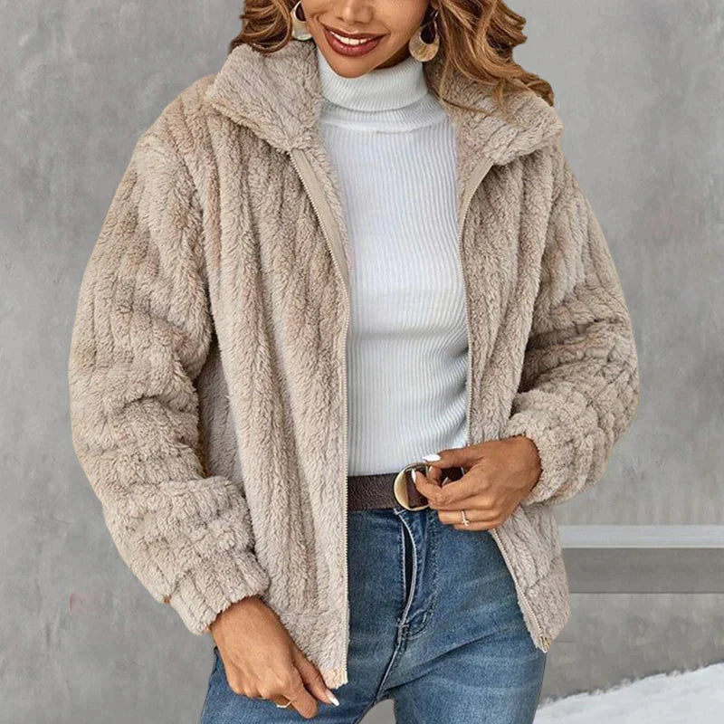 Teddyjacke Damen – Weicher Fleece-Mantel mit Reißverschluss und Kragen