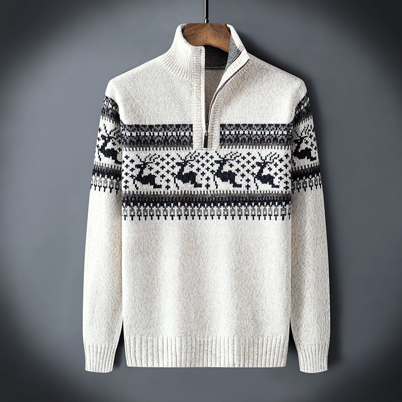 Men's Winter Sweater with Nordic Pattern – Comfortable Half-Zip Sweatshirt