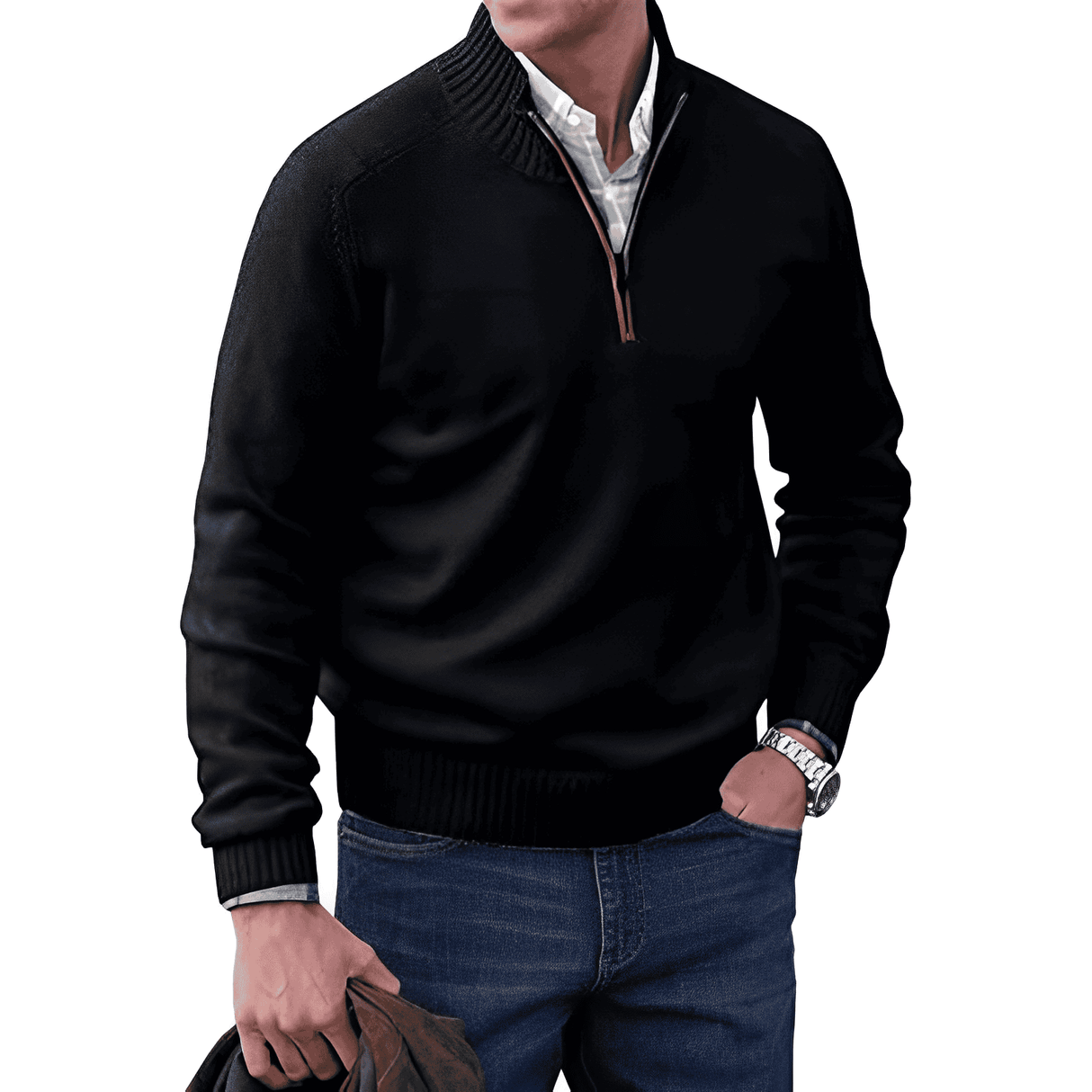Luxury men's pullover with quarter zip and stand-up collar – elegant and comfortable