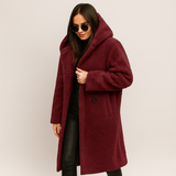 Damen langer Wintermantel mit Kapuze – warm, weich und elegant