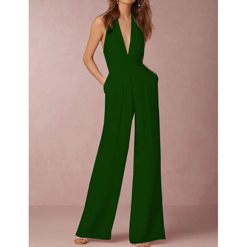 Damen-Overall ohne Ärmel mit tiefem V-Ausschnitt und Palazzo-Hose